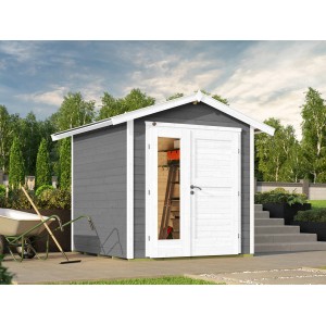 Graues weka Holz-Gartenhaus 224 A mit Satteldach und Design-Doppeltür.