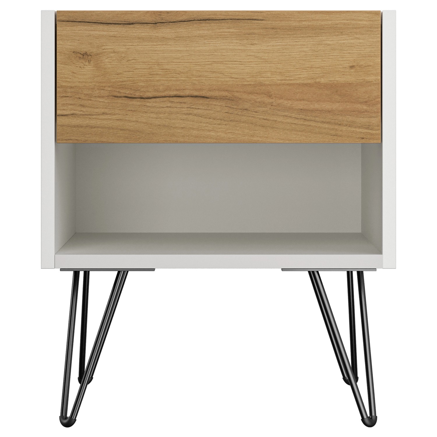 Posseik Nachttisch-Set Industrial, 2-teilig, weiß/Eiche, mit Schublade und Ablagefach auf Metallfüßen.