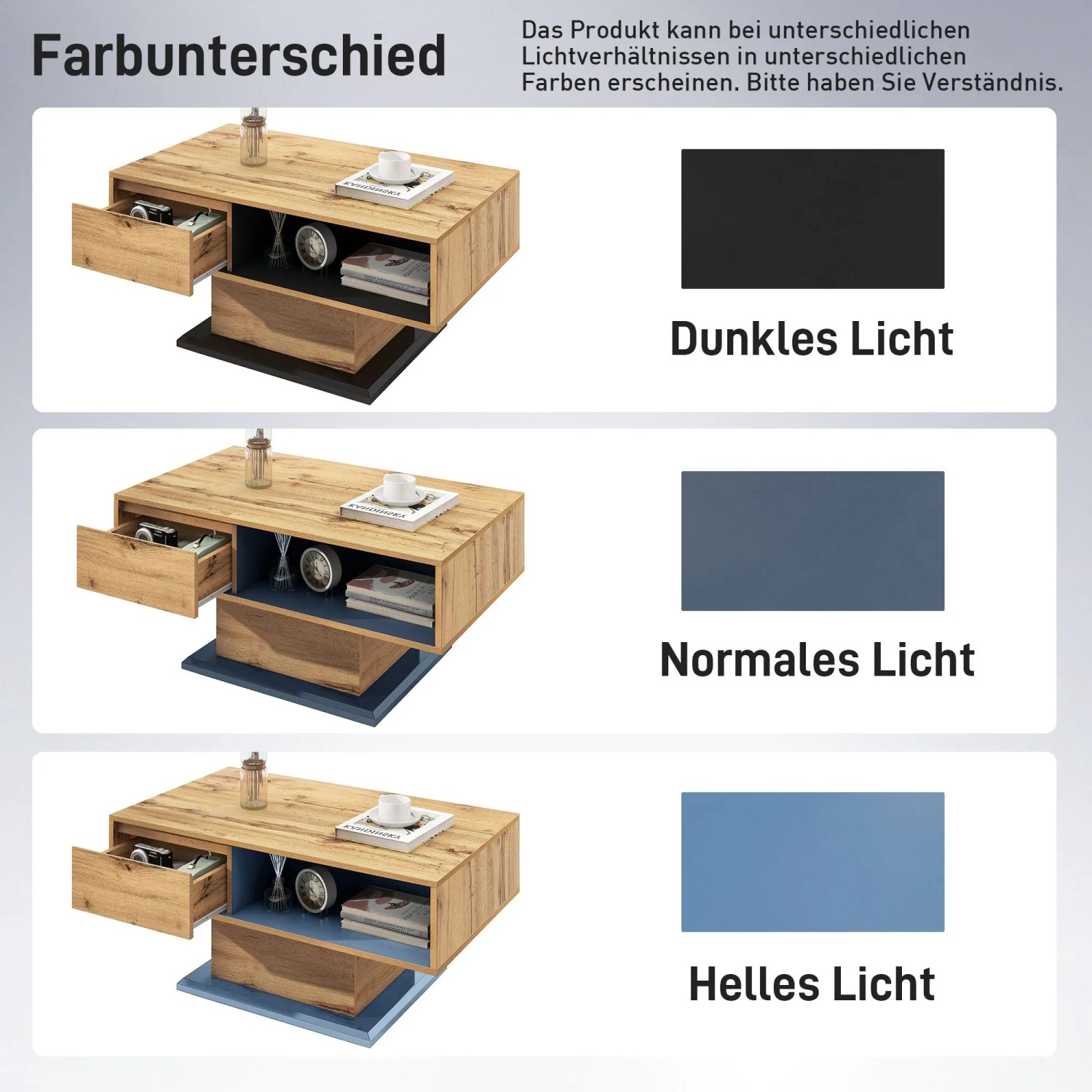 Couchtisch Natur mit Holzmaserung, Schublade & Staufach. Innenteile zeigen Farbvarianten von dunkel bis hellblau je nach Licht.