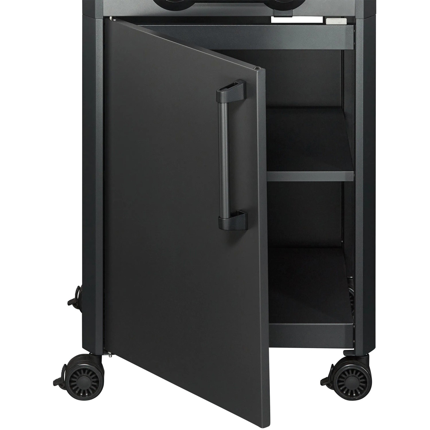 Enders Elektrogrill eFlow Pro 2 Shadow: Unterschrank mit offener Tür und Ablageböden.