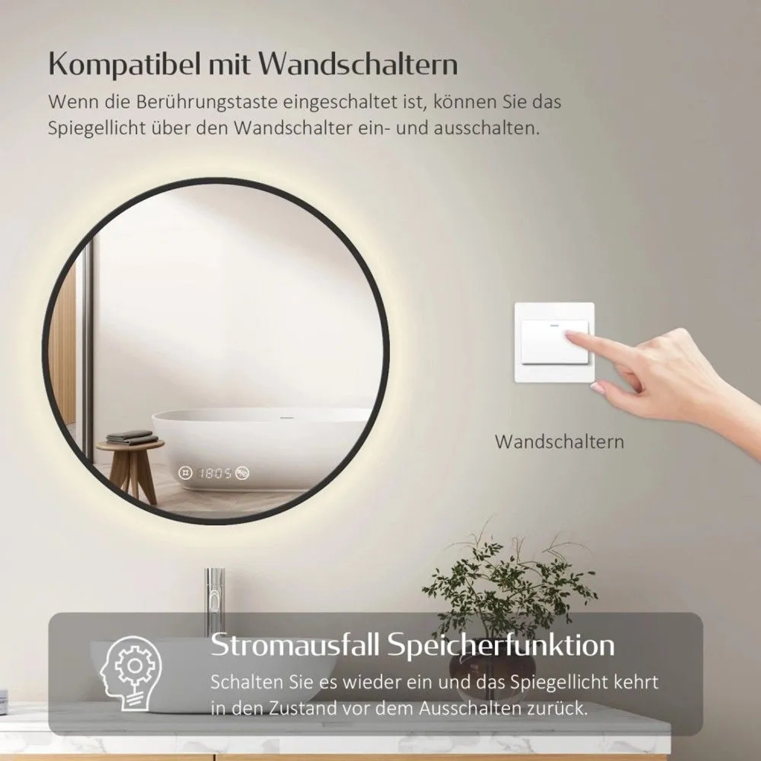 Emke Rund LED Badspiegel 80 cm Spiegel mit Beleuchtung Schwarzer Antibeschlage Uhr Temperatur Dimmbar Neutrales Licht_7