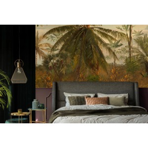 LOOKS Fototapete Junglemorningsun im Schlafzimmer mit Dschungel-Motiv und Palmen.