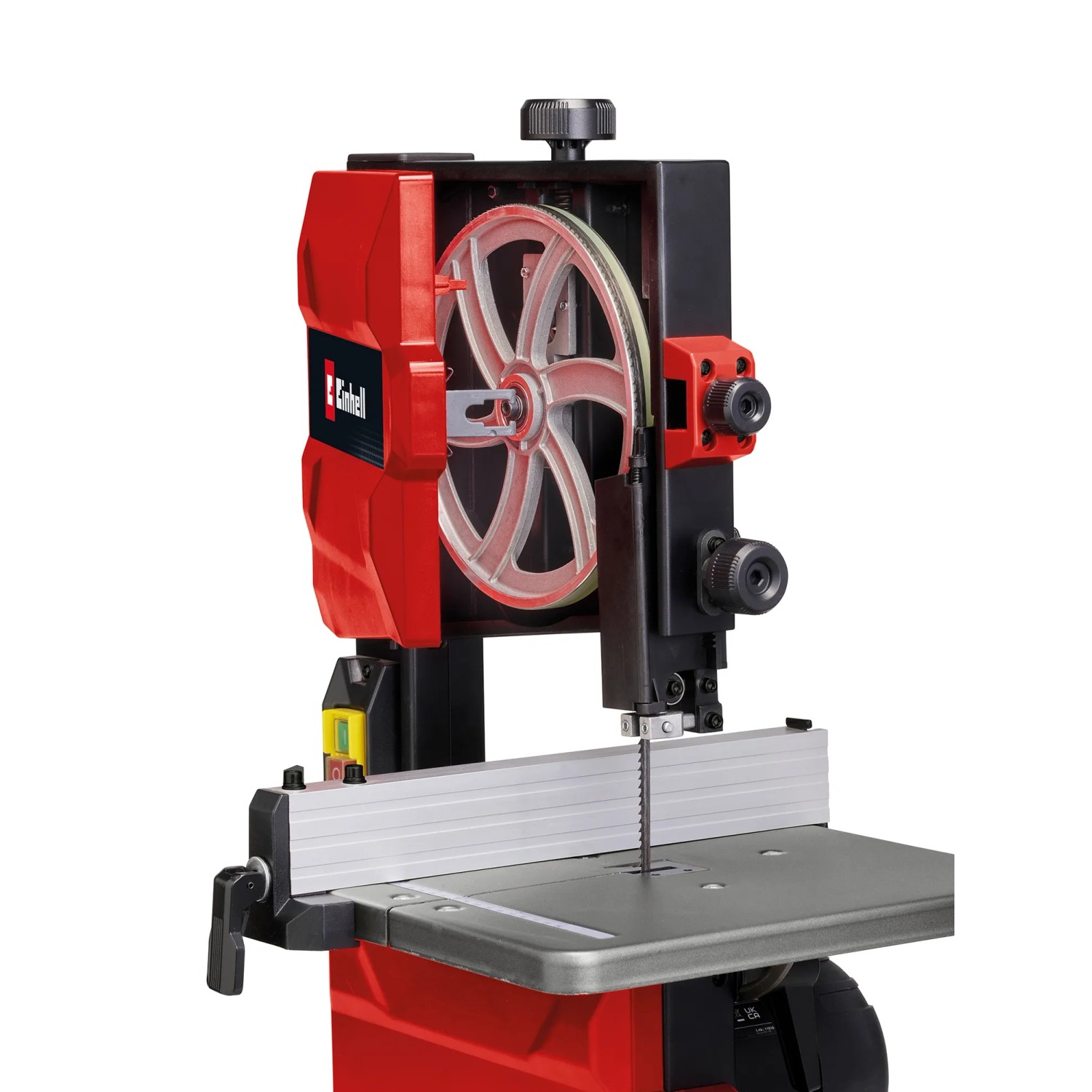 Einhell Bandsäge TC-SB 200/1: Rote und schwarze Bandsäge mit Sägetisch und Parallelanschlag.