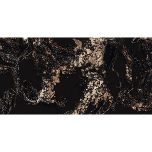 Feinsteinzeug Bodenfliese, Gold glasiert, poliert, 60x30 cm. Dunkle Marmoroptik mit goldenen Maserungen.