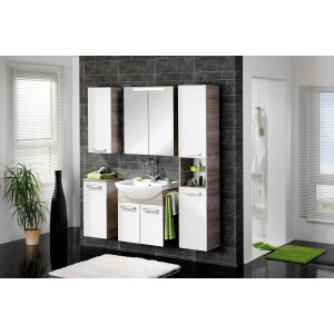 Fackelmann Spiegelschrank A-Vero Graueiche 70 cm im Badezimmer-Set mit Waschbecken und Hochschränken.