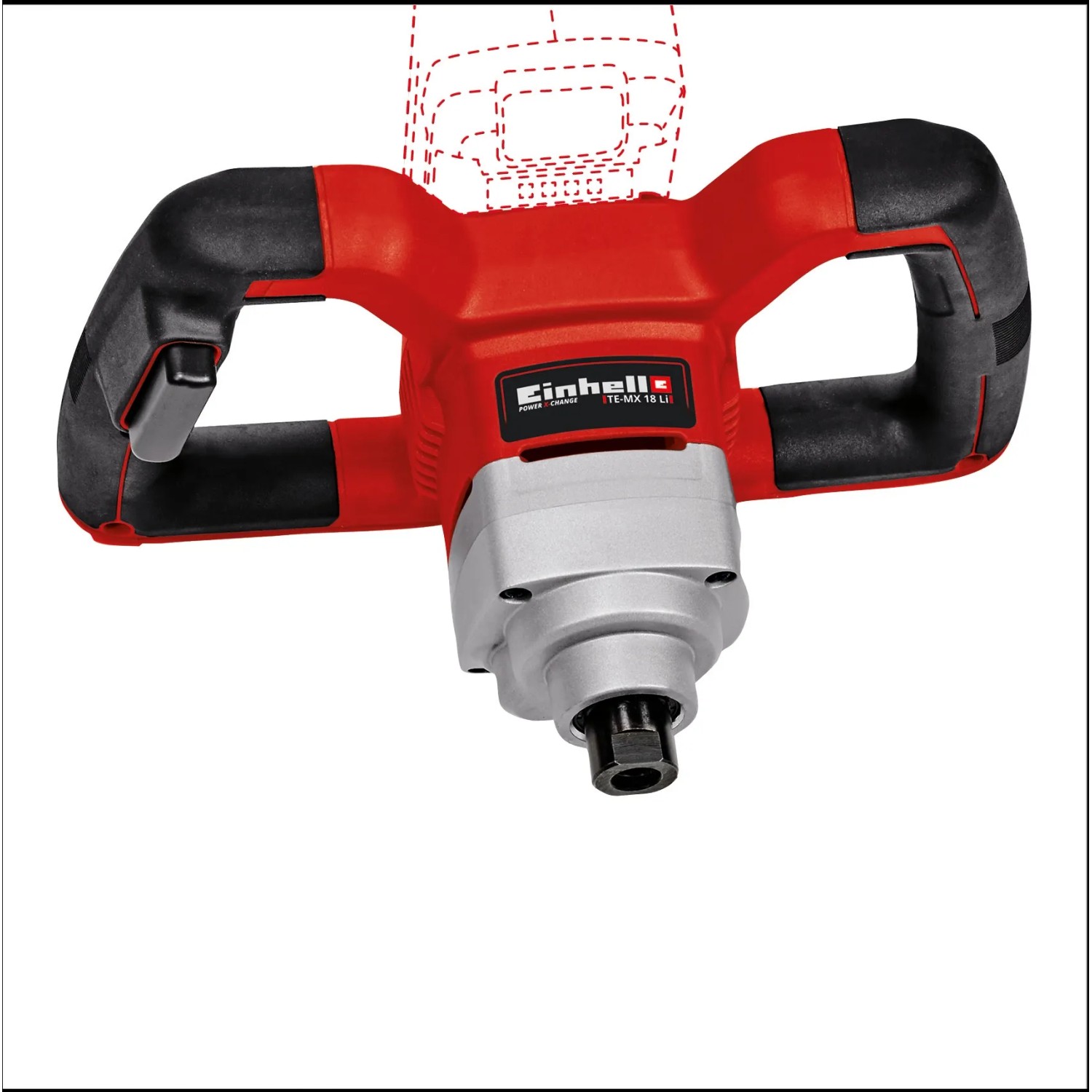 Einhell Akku-Farbmörtelrührer TE-MX 18 Li, rot/silber, mit großem Griffbügel und M14 Gewinde.