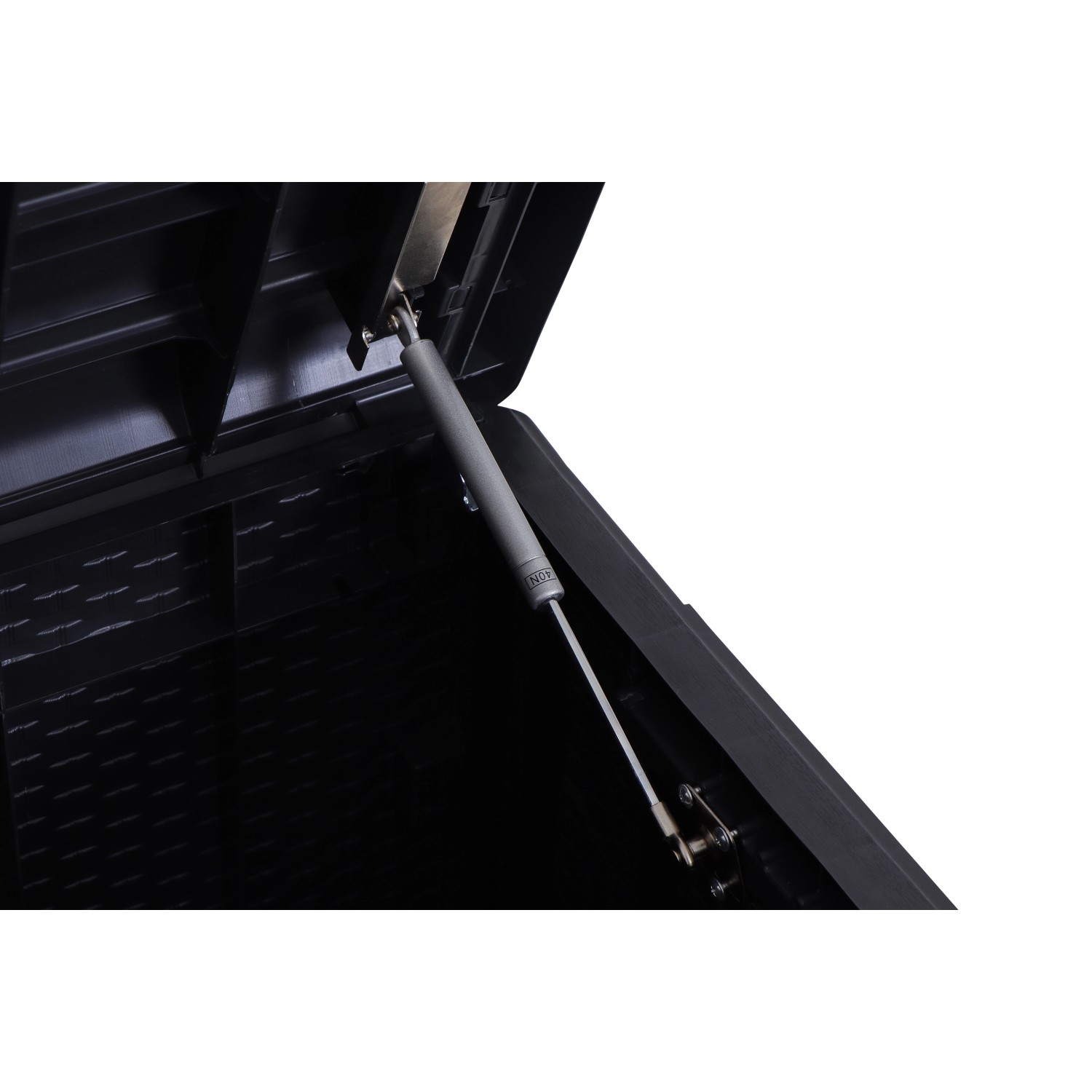 Geöffnete Toomax Kissenbox Portonovo, 124 cm, anthrazit, mit Gasdruckfeder.