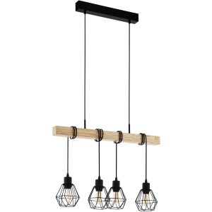 Eglo Townshend 5 Pendelleuchte, schwarz-braun, mit vier Lampenschirmen im Industrial Design.
