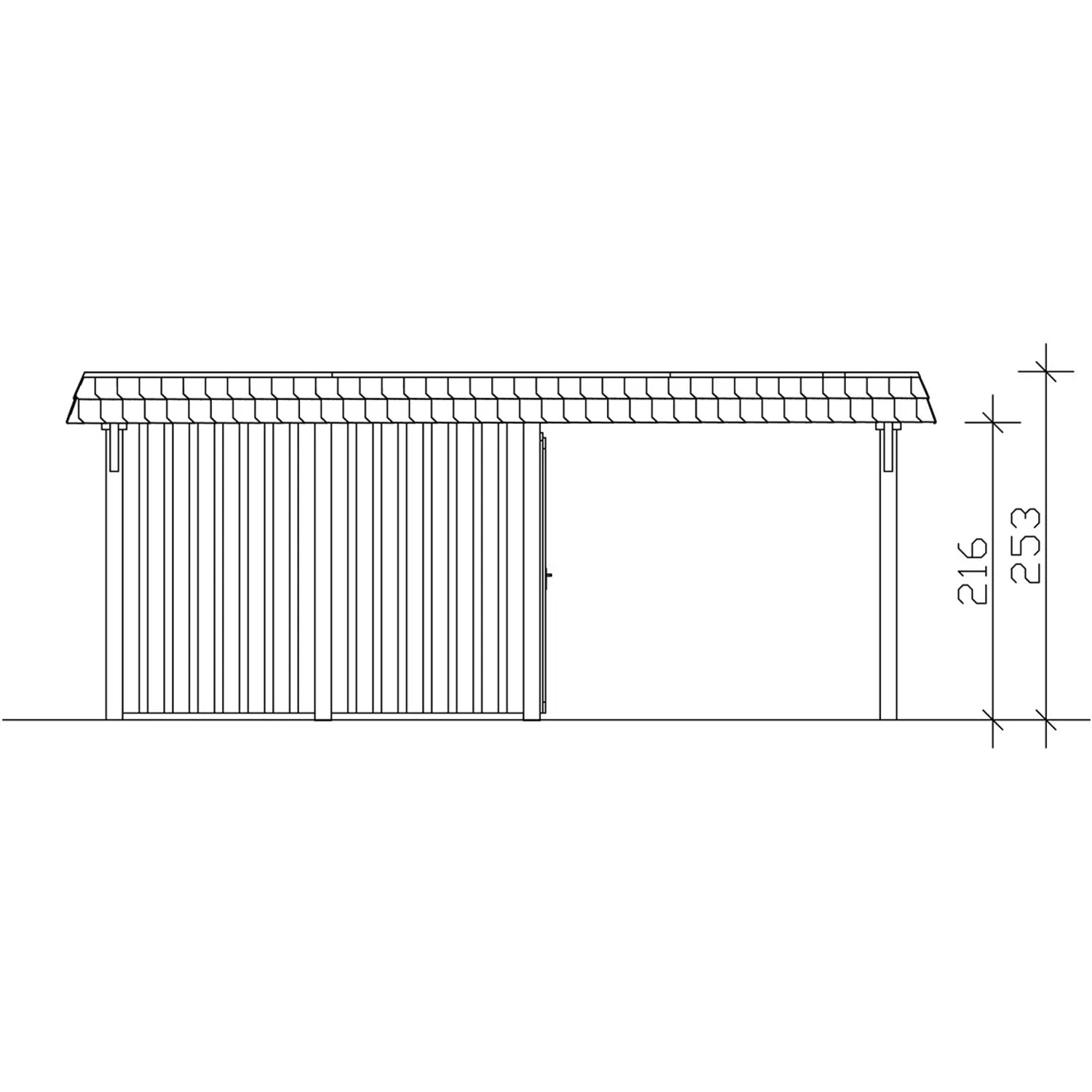 Technische Zeichnung: Skan Holz Doppelcarport Wendland mit Anbau, Seitenansicht mit Höhenangaben.
