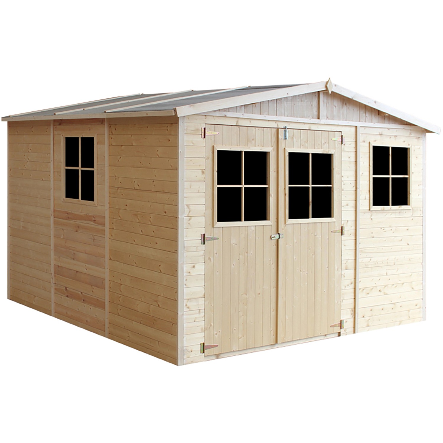 Timbela Holz-Gartenhaus M335+M335G, 9 m², mit Fenstern und Boden. Unbehandeltes Holz.