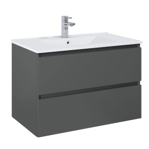 Roca Waschtischunterschrank Evelyne Basic, 80 cm, Anthrazit Matt mit Waschbecken und Armatur.