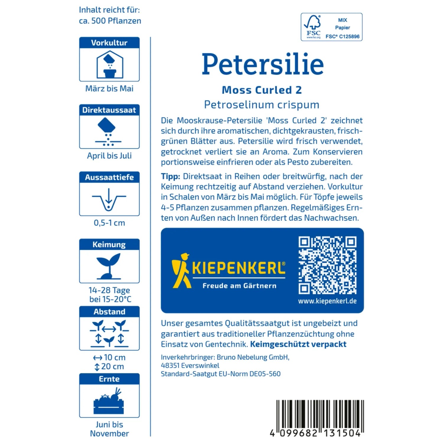 Kiepenkerl Petersilie Mooskrause 2 Samenpackung mit Anbauhinweisen.
