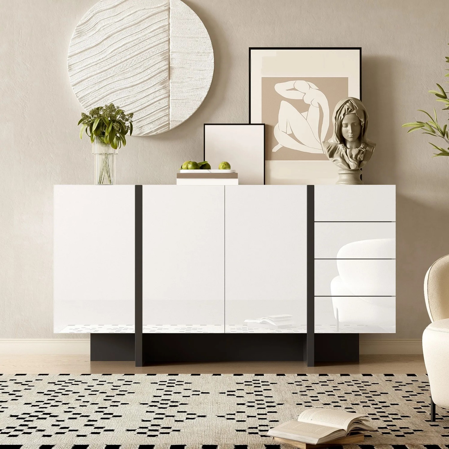 okwish Sideboard mit 2 Türen 4 Schubladen Wohnzimmer Esszimmer 150x40x80cm Weiß_2