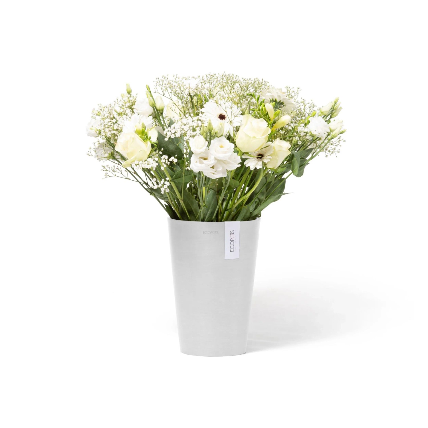 Weiße Ecopots Vase Pisa (21x30cm) mit Blumenstrauß. Dekorative Blumenvase für Innen & Außen.