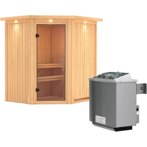 Karibu Sauna Tjorven mit Ofen, Glastür und LED-Dachkranz. Elementsauna aus Holz mit Ofen.