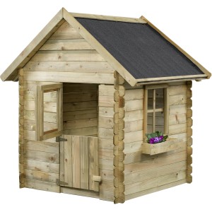 SwingKing Spielhaus Davey aus imprägniertem Holz mit Tür, Fenster und Blumenkasten.