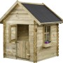 SwingKing Spielhaus Davey aus imprägniertem Holz mit Tür, Fenster und Blumenkasten.