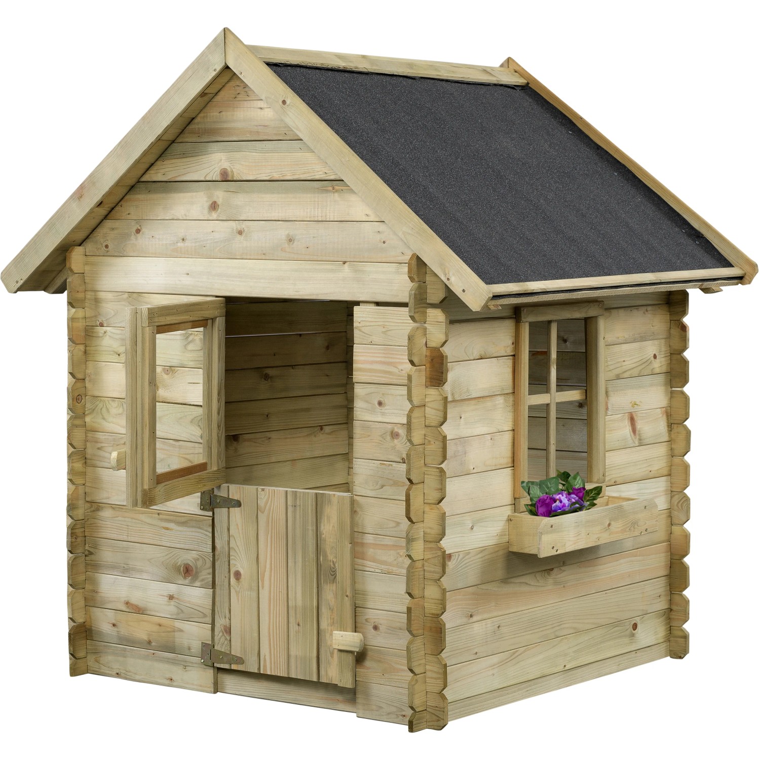 SwingKing Spielhaus Davey aus imprägniertem Holz mit Tür, Fenster und Blumenkasten.