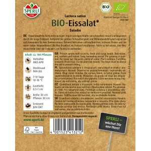 Samenpackung Sperli Bio Eissalat mit Infos zu Anbau und Ernte.