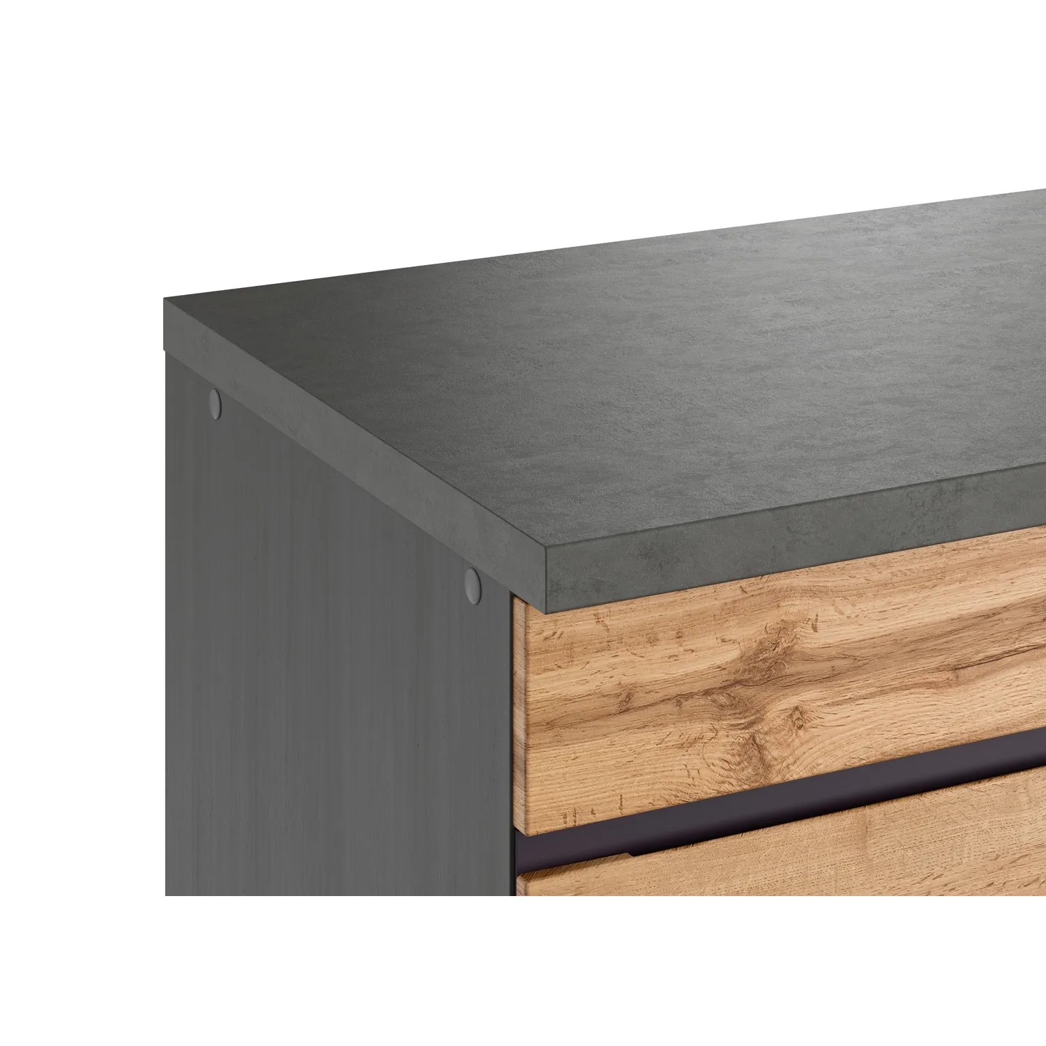 Detailansicht: Held Möbel Winkelküche Turin in Wotaneiche-Graphit mit Beton-Arbeitsplatte.