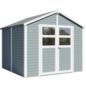 Graues Bertilo Gartenhaus Visby mit Doppeltür und Fenstern, 239x244 cm, aus Holz.