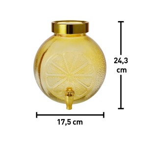 Gelber Getränkespender mit Zapfhahn und Zitronen-Design, ideal für Camping und Garten.