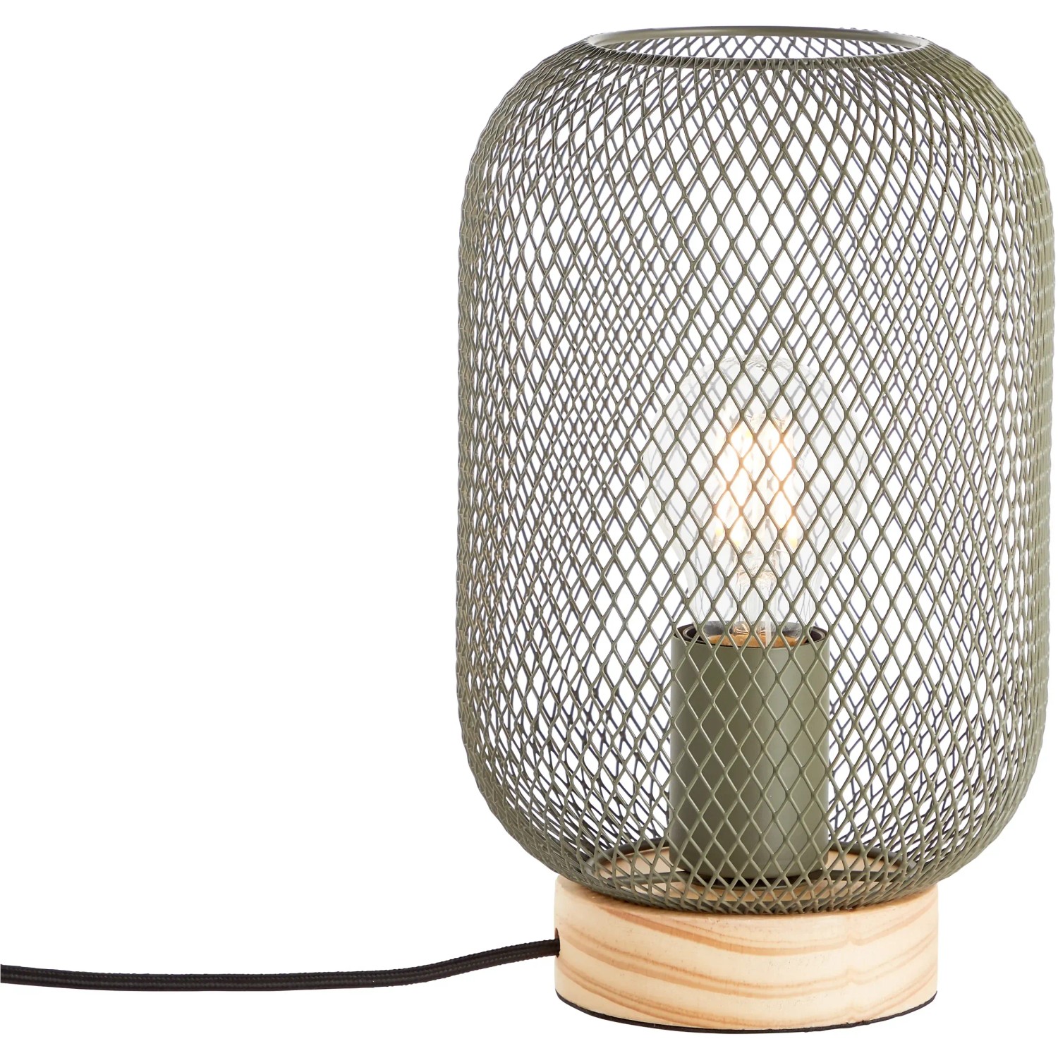 Olivgrüne Tischleuchte Giada mit Holzfuß und Metallgitter-Schirm für gemütliches Licht.