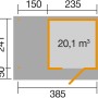 Grundriss Weka Designhaus 172, Holz-Gartenhaus mit Flachdach, Maße 385x241 cm, Volumen 20,1 m³.