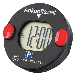 Schwarze Technaxx Mini-Parkscheibe TX-353 mit digitaler Zeitanzeige '12:00'. KBA-zugelassene automatische Parkscheibe für Autos.