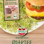 Sperli Grünsprossen Bio-Rotklee: Verpackung mit Sprossen und Burger-Serviervorschlag.