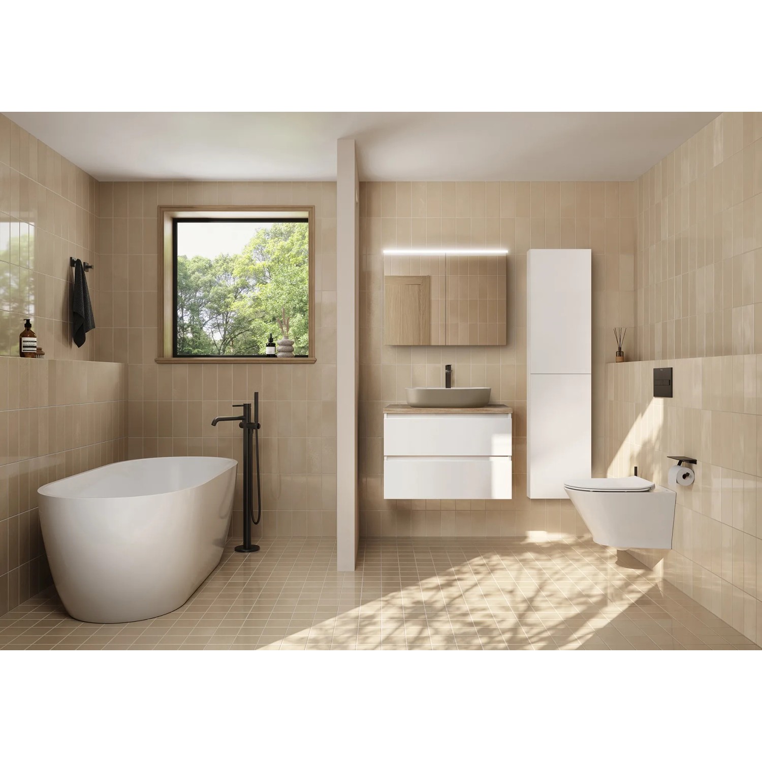 Badezimmer mit Roca Waschtischunterschrank Evelyne Basic, weiß matt, mit zwei Schubladen.