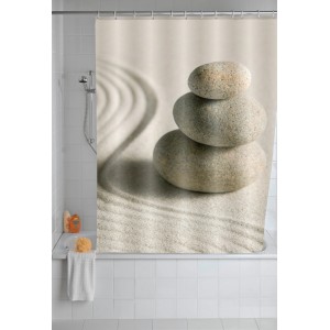 Wenko Duschvorhang Sand & Stone mit Steinmotiv im Badezimmer.