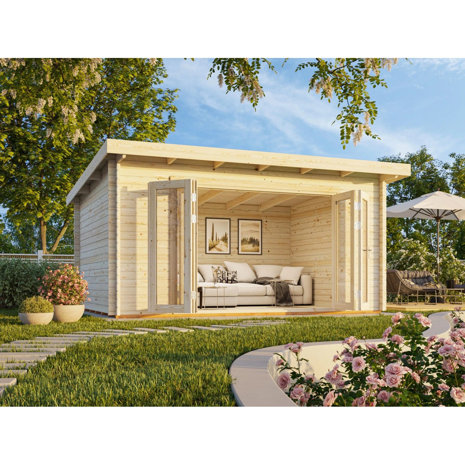 Palmako Lea Holz-Gartenhaus Grau Pultdach Tauchgrundiert 450 cm x 330 ...