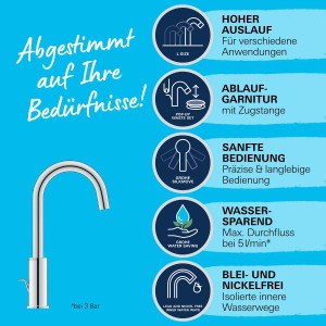 Grohe QuickFix Waschtischarmatur L-Size mit hohem Auslauf und Zugstangen-Ablaufgarnitur.
