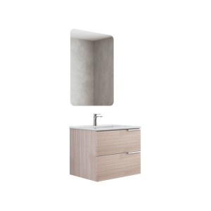 Modernes Badmöbel-Set 60 cm in Holzoptik Beige: Waschtischunterschrank mit 2 Schubladen, Keramik-Waschbecken, LED-Spiegel.