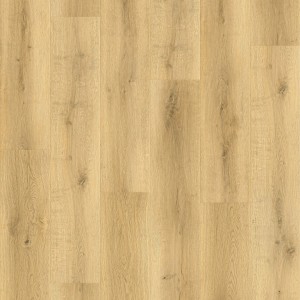 Vinylboden Eiche Bergen mit Kork, helle Holzoptik, geeignet für Fußbodenheizung.