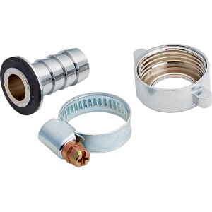 Schlauchverbinder (13 mm/19 mm) aus Chrom, bestehend aus Tülle, Verschraubung und Schelle.