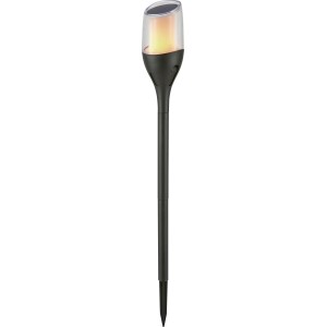 Schwarzer Solar LED Gartenspieß mit Flammeneffekt, Ø 7,5 cm, Höhe 64,5 cm.