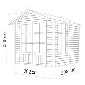 Skizze: Bertilo Holz-Gartenhaus Melrose, 202x208 cm, Naturholz mit Doppeltür und Sprossenfenstern.
