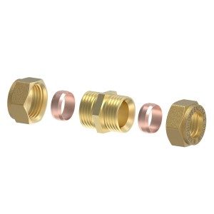 Kirchhoff Verbindungsstück, 15 mm Klemmfitting für CU-Rohr, blank, aus Messing für Kupferrohr-Verbindungen.