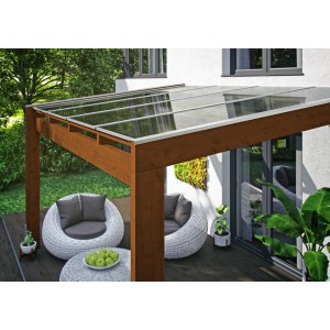 Skan Holz Terrassenüberdachung Novara, 557x359 cm, Nussbaum, mit klarer Polycarbonat-Dacheindeckung.