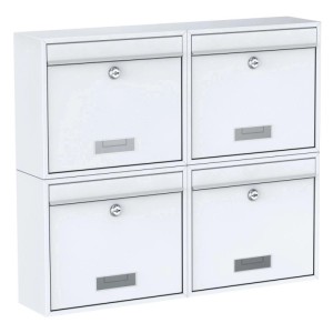 Basi Briefkasten Set, 4 weiße Stahl-Briefkästen für Wandmontage, mit Namensschild.