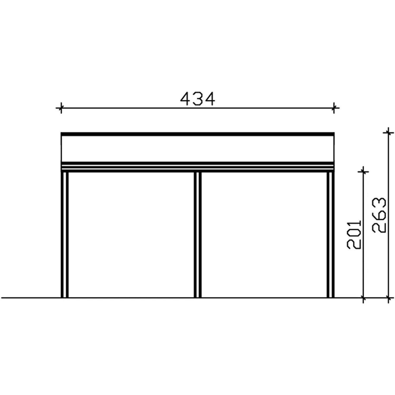 Technische Zeichnung der Skan Holz Terrassenüberdachung Garda, 434x357 cm, Aluminium Anthrazit, mit Maßangaben.