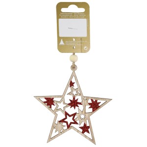 Holzstern mit rotem Glitter, 10,5 cm, Weihnachtsdekoration zum Hängen.