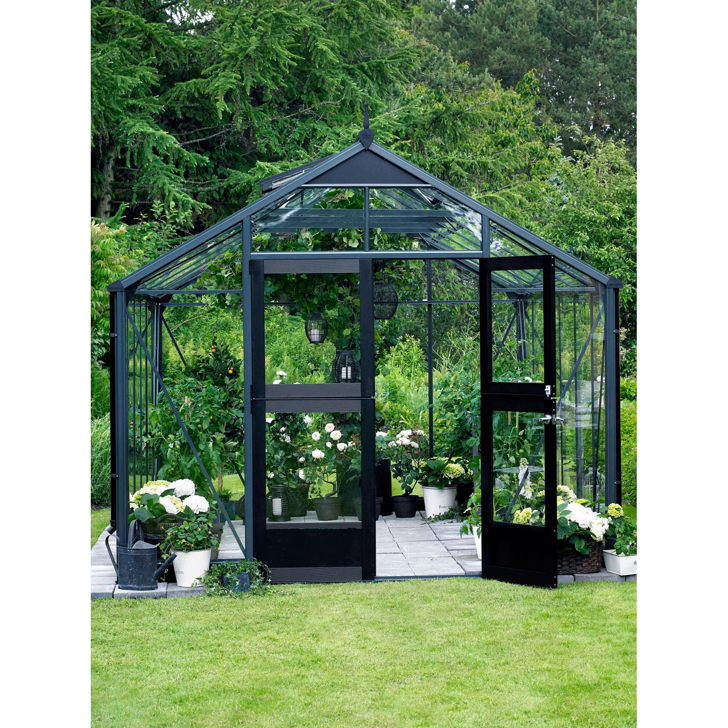 Juliana Gewächshaus Premium 13 Anthrazit, 13 m², mit geöffneter Tür und Pflanzen.