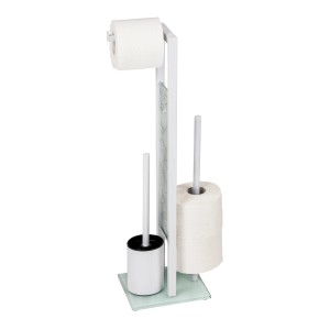 WENKO Stand WC-Garnitur Rivalta Samoa, weißer Stahl mit Glas, Toilettenpapier- und Bürstenhalter.