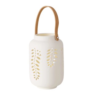 Boltze Home LED-Windlicht Felto, weiß mit Cut-Out-Muster und Tragegriff.