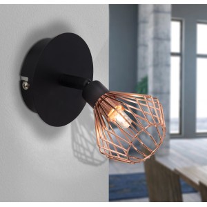 Wandleuchte Dalma: Schwarzer Spot mit kupferfarbenem Drahtschirm im Retro-Look.