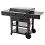 Schwarzer Char-Broil Versa-Tile Gasgrill mit Grillfläche, Ablagen und Rädern.