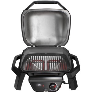 Weber Pulse 1000 Elektrogrill mit geöffnetem Deckel, Grillrosten und Bedienelementen.